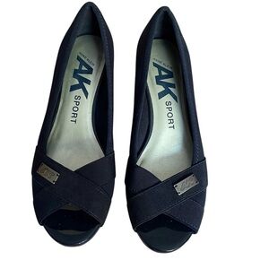 Anne Klein Black Peep Toe Flats with Bow Detail